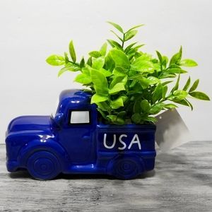 Blue July 4th USA Ceramic Truck w/ Faux Succulent Potted Plant